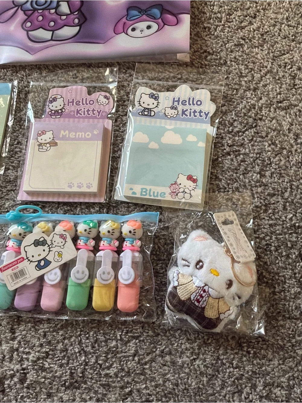 Hello Kitty 6 Pieces Stationary Bundle Lot with Handmade Plush Keychain